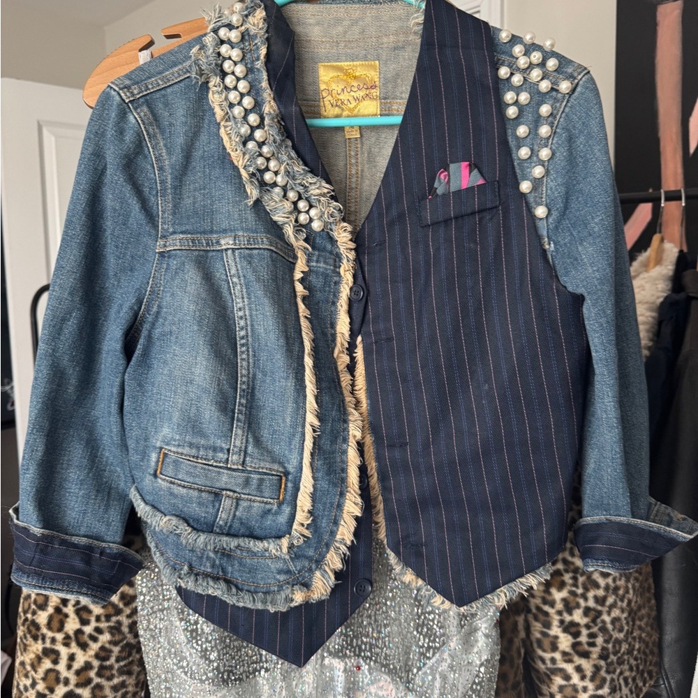 Reworked Vera Wang Blue Jean Jacket with Pearl Embellishments